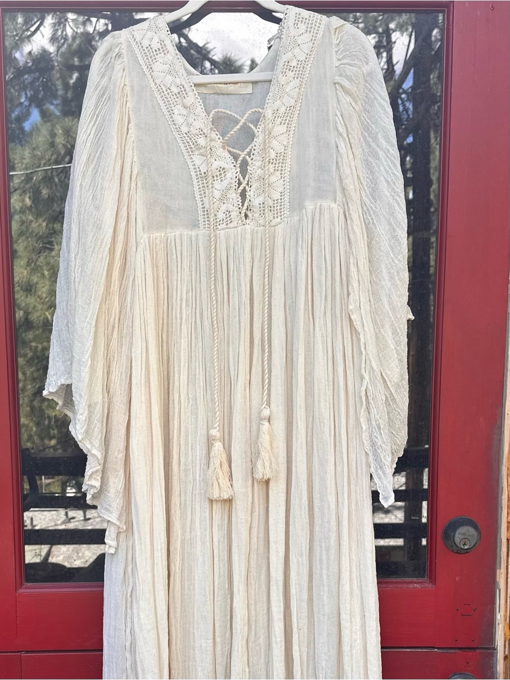 Jen's Pirate Booty Cream Lace-Front Maxi Dress with Tassel Ties